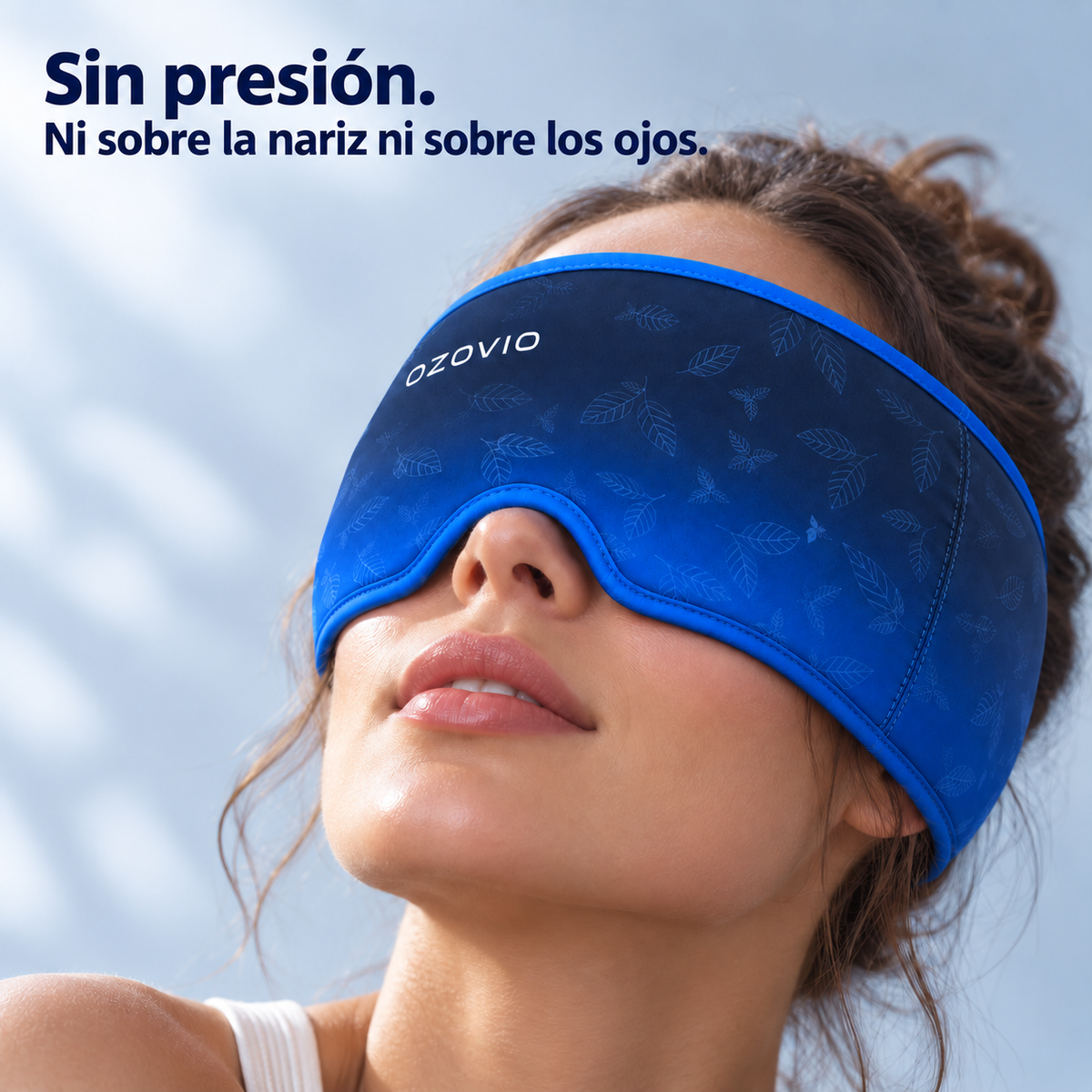 Primer plano del rostro con la máscara OZOVIO: la escotadura nasal evita cualquier presión sobre la nariz y los ojos